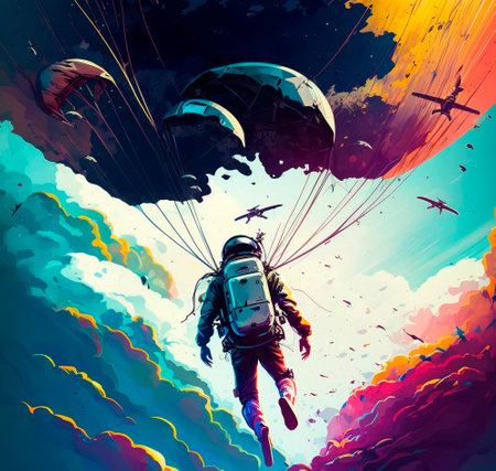 Illustration of a skydiver with opened parachute in the air. high quality illustrationの素材