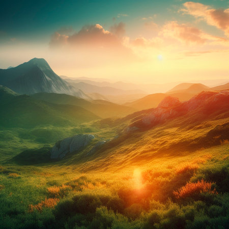 Beautiful summer landscape with mountains, hills and nature. high quality illustrationの写真素材