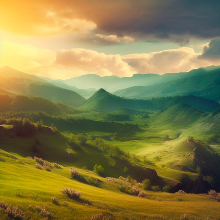 Beautiful summer landscape with mountains, hills and nature. high quality illustrationの写真素材