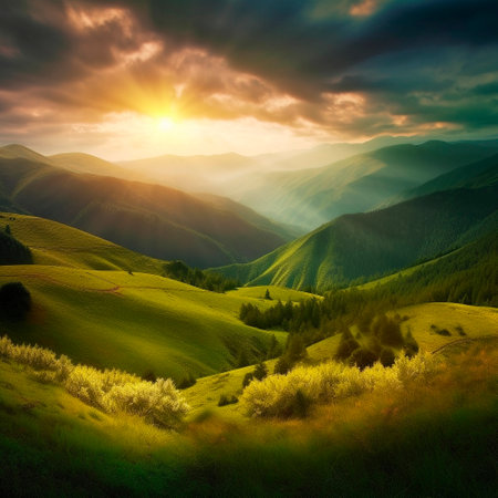 Beautiful summer landscape with mountains, hills and nature. high quality illustrationの写真素材