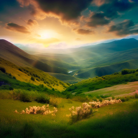 Beautiful summer landscape with mountains, hills and nature. High quality illustrationの写真素材