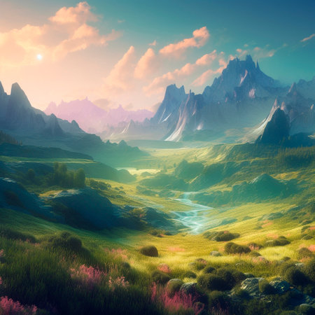 Beautiful summer landscape with mountains, hills and nature. High quality illustrationの写真素材
