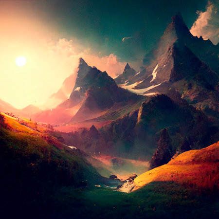 Beautiful summer landscape with mountains, hills and nature. High quality illustrationの写真素材