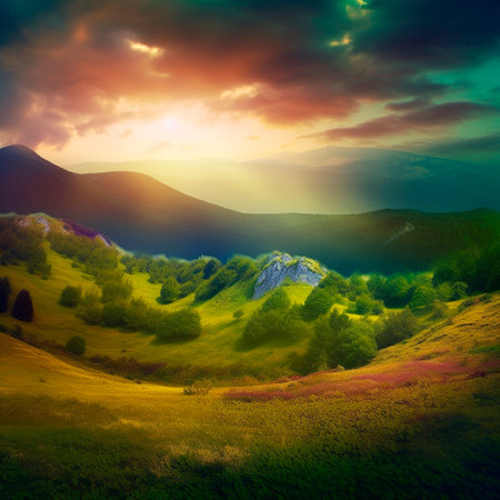 Beautiful summer landscape with mountains, hills and nature. High quality illustrationの写真素材