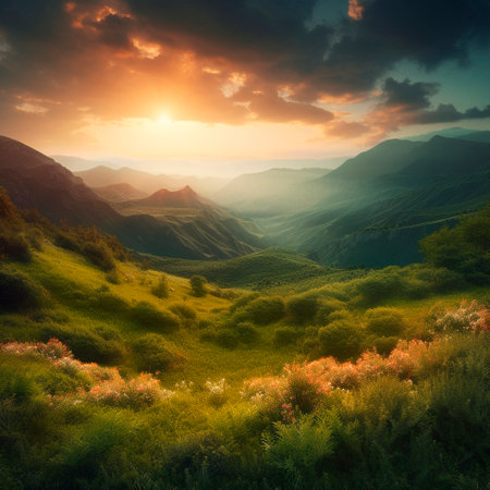 Beautiful summer landscape with mountains, hills and nature. high quality illustrationの写真素材