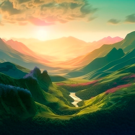 Beautiful summer landscape with mountains, hills and nature. High quality illustrationの素材