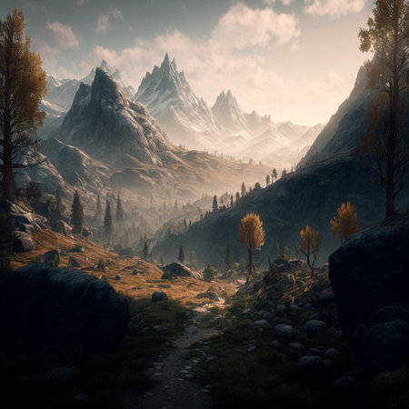Illustration of a beautiful mountain landscape in the style of realism. high quality illustrationの素材