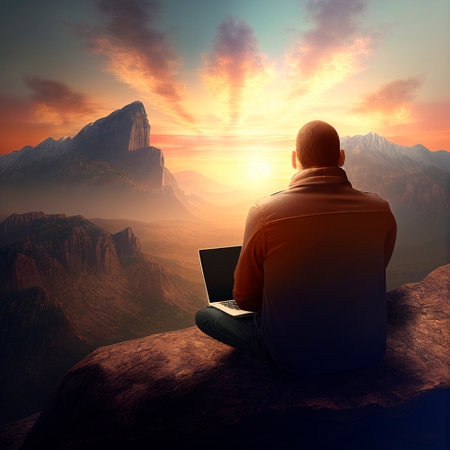 A traveler with a laptop sits on a mountain top and works, looking at a beautiful sunset. high quality illustrationの素材