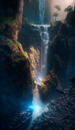 mystical magical waterfall in the mountains. high quality illustrationの素材