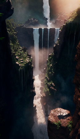 mystical magical waterfall in the mountains. high quality illustrationの素材