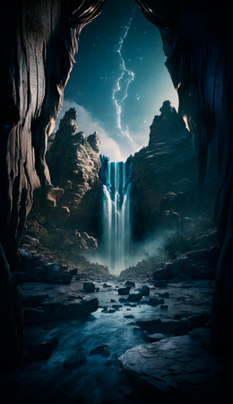 mystical magical waterfall in the mountains. high quality illustrationの素材