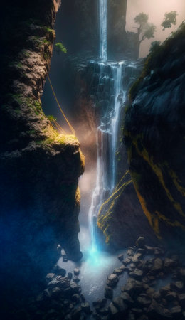 mystical magical waterfall in the mountains. high quality illustrationの素材