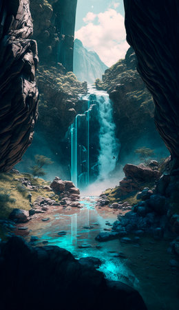 mystical magical waterfall in the mountains. high quality illustrationの素材