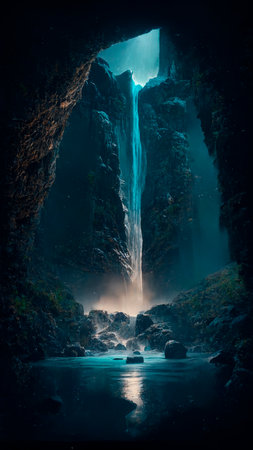 mystical magical waterfall in the mountains. high quality illustrationの素材