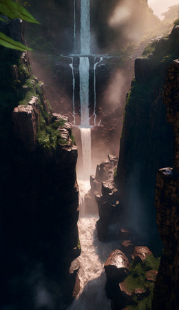 mystical magical waterfall in the mountains. high quality illustrationの素材