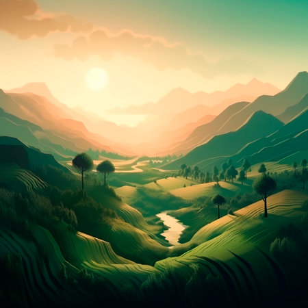 Beautiful summer landscape with mountains, hills and nature. High quality illustrationの素材