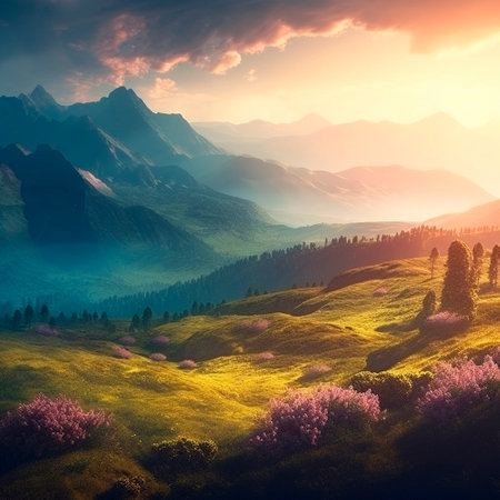 Beautiful summer landscape with mountains, hills and nature. High quality illustrationの素材