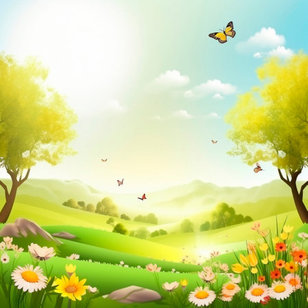spring background with colorful flowers and butterflies. High quality illustrationの素材
