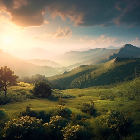 Beautiful summer landscape with mountains, hills and nature. High quality illustrationの素材
