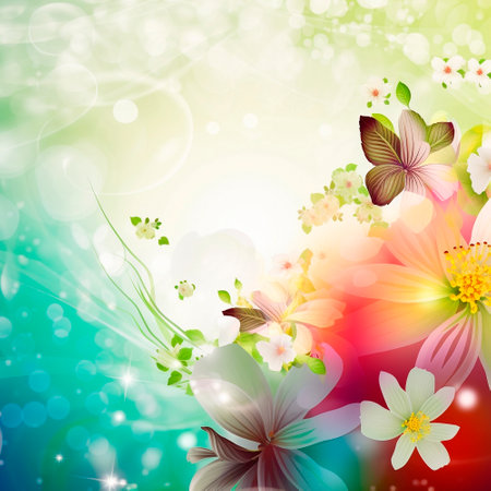 spring background with colorful flowers and butterflies. High quality illustrationの素材