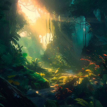 Beautiful summer jungle under sunlight, wildlife. High quality illustrationの素材