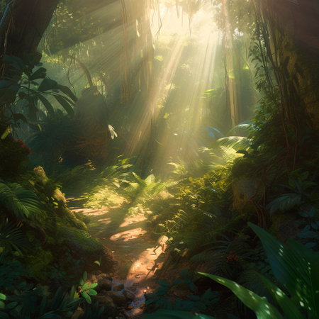 Beautiful summer jungle under sunlight, wildlife. High quality illustrationの素材