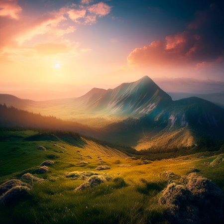 Beautiful summer landscape with mountains, hills and nature. High quality illustrationの素材