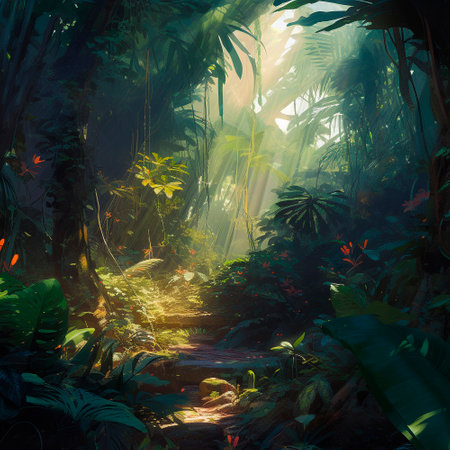 Beautiful summer jungle under sunlight, wildlife. High quality illustrationの素材