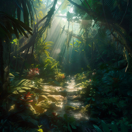 Beautiful summer jungle under sunlight, wildlife. High quality illustrationの素材