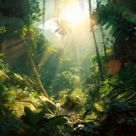 Beautiful summer jungle under sunlight, wildlife. High quality illustrationの素材