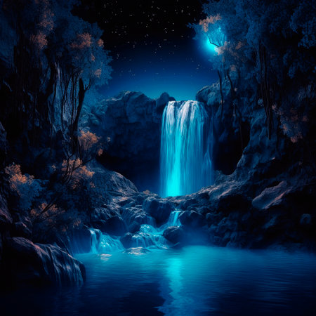 luminous night waterfall under the moon. High quality illustrationの素材