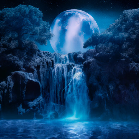 luminous night waterfall under the moon. High quality illustrationの素材