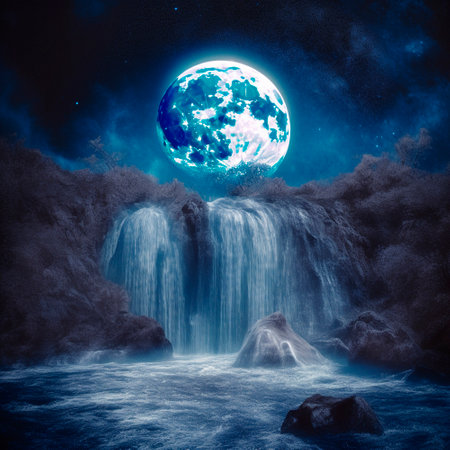 luminous night waterfall under the moon. High quality illustrationの素材