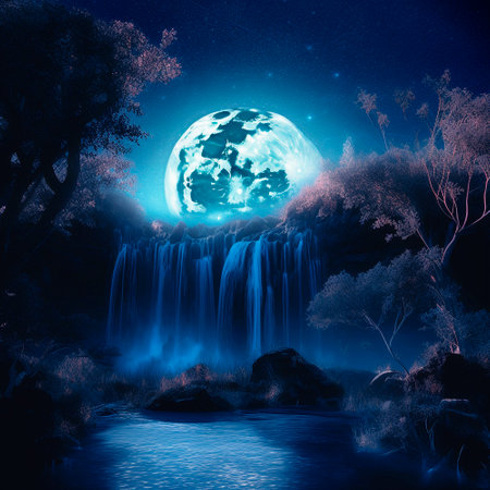 luminous night waterfall under the moon. High quality illustrationの素材