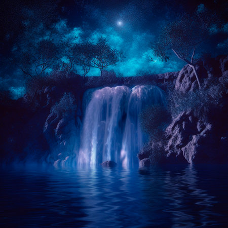 luminous night waterfall under the moon. High quality illustrationの素材