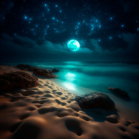 Beach with sand under the moon. high quality illustrationの素材