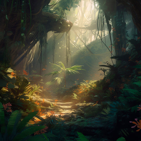 Beautiful summer jungle under sunlight, wildlife. High quality illustrationの素材