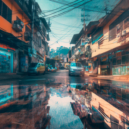 glittering psychedelic street with reflections. High quality illustrationの素材