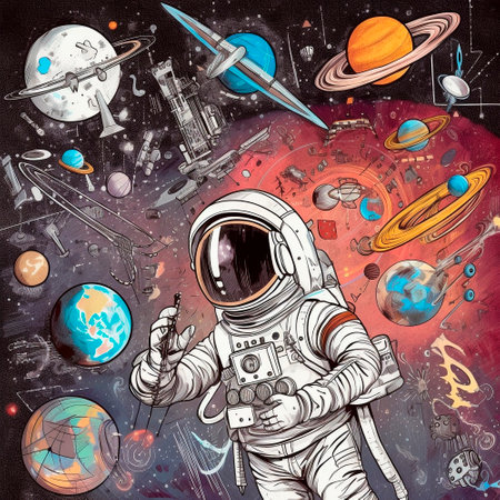 Space art, celestial objects with astronaut and planets. High quality illustrationの素材