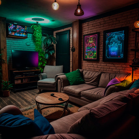 cozy basement lounge with board games, TV and neon lights. High quality illustrationの素材