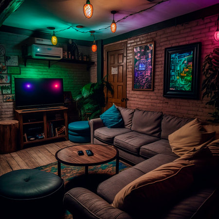 cozy basement lounge with board games, TV and neon lights. High quality illustrationの素材