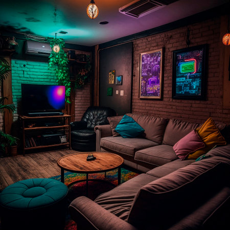 cozy basement lounge with board games, TV and neon lights. High quality illustrationの素材