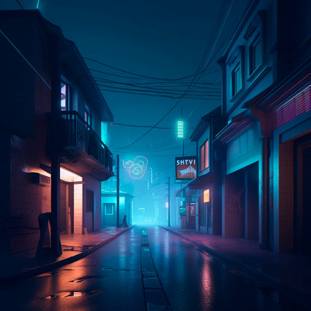 night street with neon light. High quality illustrationの素材