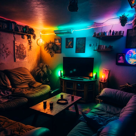 cozy basement lounge with board games, TV and neon lights. High quality illustrationの素材