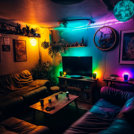 cozy basement lounge with board games, TV and neon lights. High quality illustrationの素材