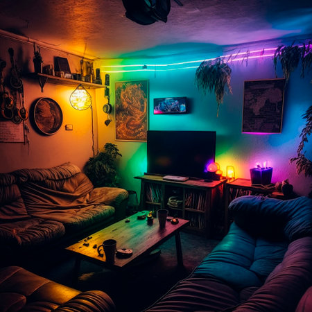 cozy basement lounge with board games, TV and neon lights. High quality illustrationの素材