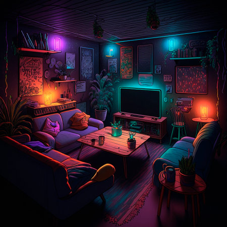 cozy basement lounge with board games, TV and neon lights. High quality illustrationの素材