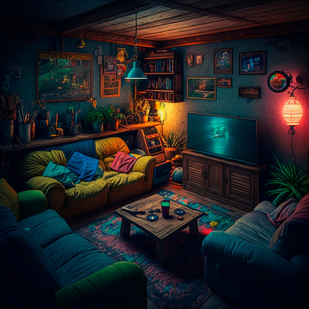 cozy basement lounge with board games, TV and neon lights. High quality illustrationの素材