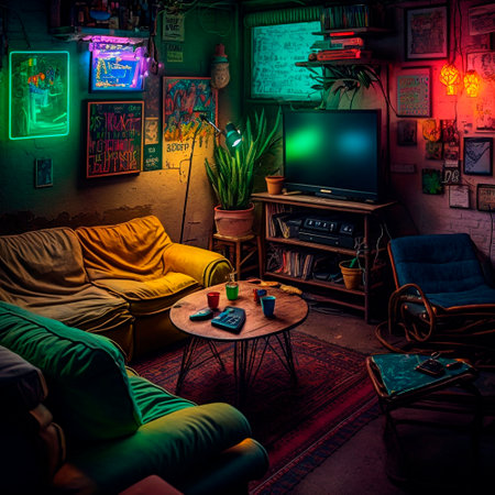 cozy basement lounge with board games, TV and neon lights. High quality illustrationの素材