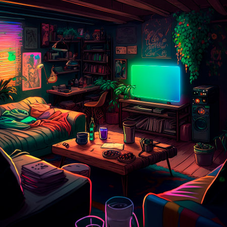 cozy basement lounge with board games, TV and neon lights. High quality illustrationの素材